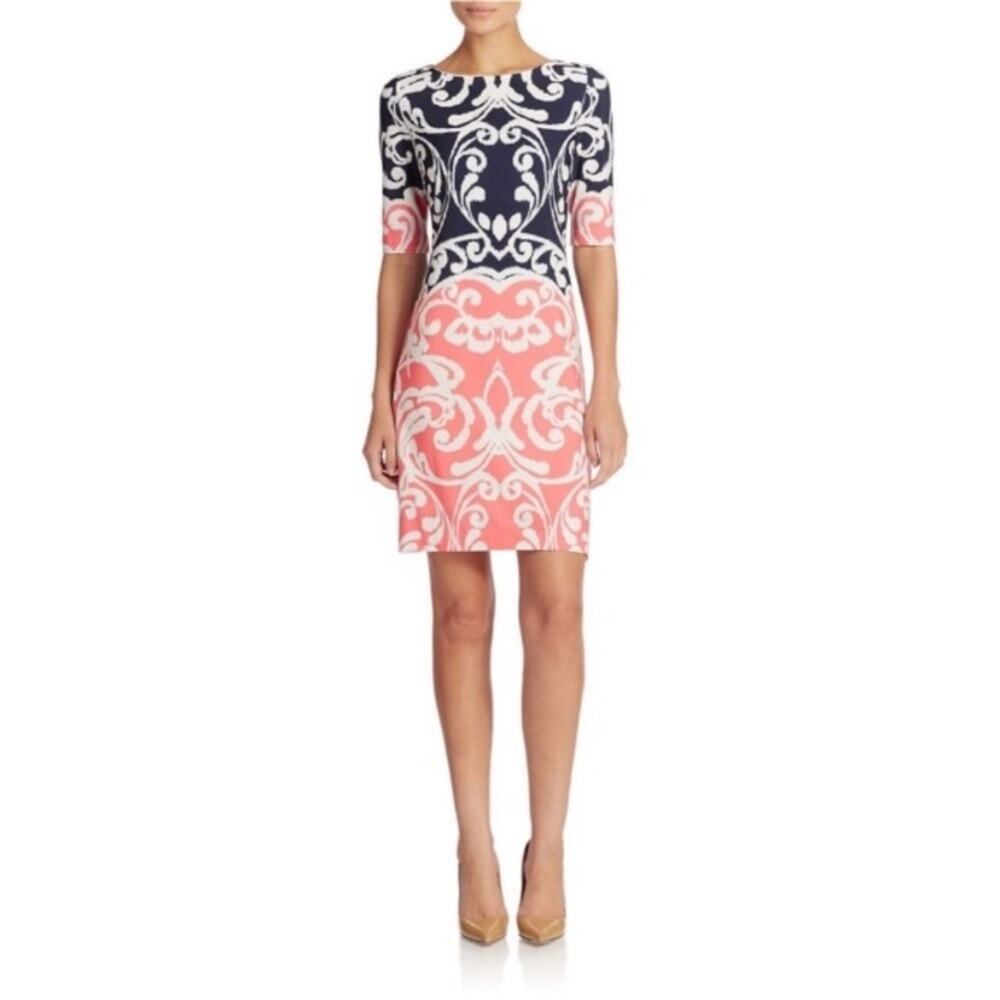 Eliza J Coral Navy Damask Print Jersey Stretch Sheath Dress, Women's 6 NWOT